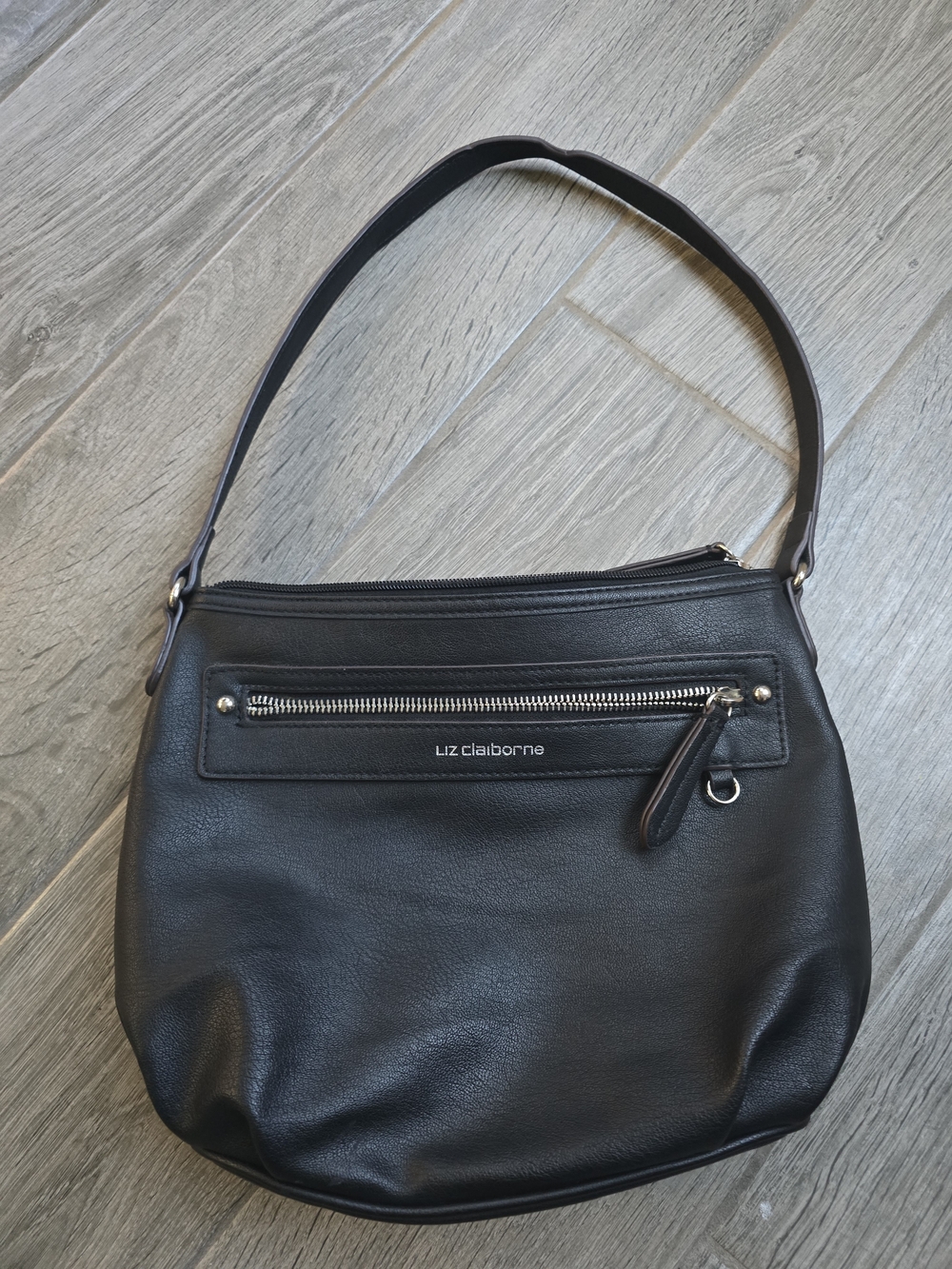 Liz Claiborne Black Faux-Leather Shoulder Bag with Front Zip